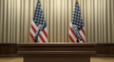 Preparation for a press conference at a government venue with American flags in the background photo