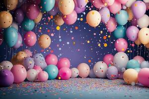 Colorful balloons and confetti decoration for a festive celebration or party setting photo