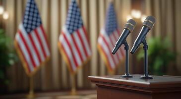 Press conference setup with microphones and American flags in the background photo