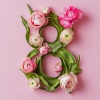 Floral arrangement featuring the number eight made with pink flowers and green leaves photo