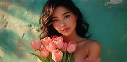 Young woman holding pink tulips against a green backdrop during golden hour in a soft natural light photo