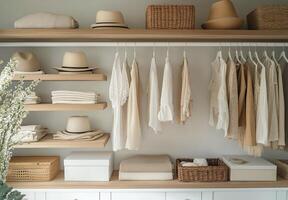 Organizing a minimalist wardrobe with neutral tones in a modern closet design photo
