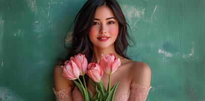 Model holds pink tulips against a green backdrop during a photoshoot in a stylish studio setting photo
