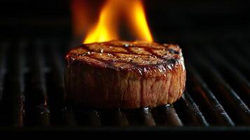 Perfectly grilled steak sizzling over an open flame at a barbecue in a backyard setting photo