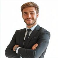 Professional man smiling confidently in a business suit against a plain background photo