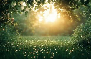 Morning sunlight filters through leaves over dew-covered grass in a tranquil landscape photo