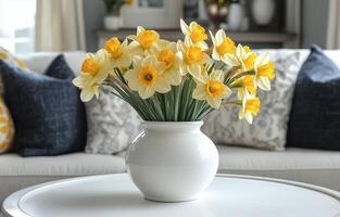 Bright daffodils in a white vase on a coffee table in a cozy living room setting photo