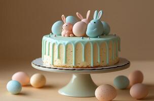 Delightful pastel Easter cake decorated with bunnies and eggs on a simple stand photo