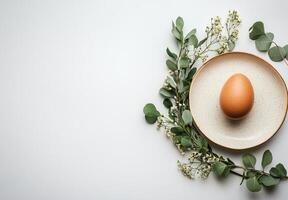 Brown egg placed on a beige plate surrounded by green eucalyptus leaves and small white flowers photo