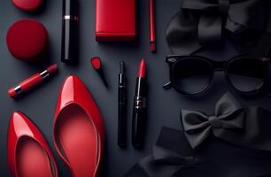 Red beauty essentials displayed on dark background for chic fashion flat lay arrangement photo