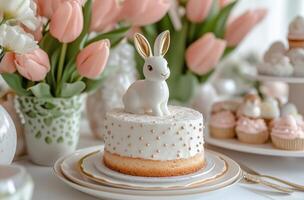 Delicate dessert display with bunny cake and pink tulip arrangement on a festive table photo