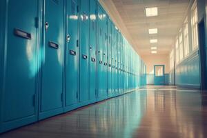 Colorful blue lockers line a bright school hallway with polished floors and natural light photo