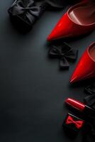 Elegant red high heels and black accessories on dark surface for stylish occasions photo