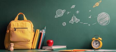 Bright yellow backpack with school supplies and space drawings on green chalkboard photo