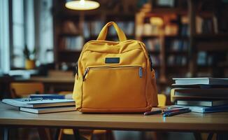 Stylish yellow backpack placed on a desk surrounded by notebooks and pens in a cozy study environment photo