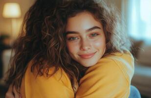 Warm embrace of friends in cozy indoor setting with soft lighting during the evening photo