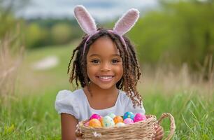 Young girl with bunny ears holds colorful Easter eggs in a grassy field during spring photo