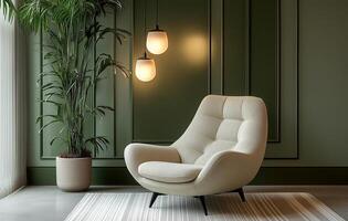 Cozy modern chair in stylish interior with greenery and elegant lighting photo