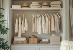 Neatly organized closet showcasing a variety of neutral-toned clothing and accessories photo