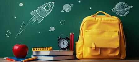 Bright yellow backpack with school supplies on desk against chalkboard with space theme in classroom photo