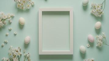 White frame surrounded by pastel eggs and spring flowers on a light green background photo