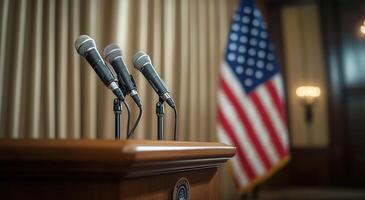 Press conference setup for political event with microphones and American flag displayed in background photo