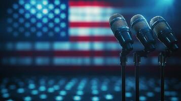 Multiple microphones set against a backdrop of the American flag in a dimly lit venue photo