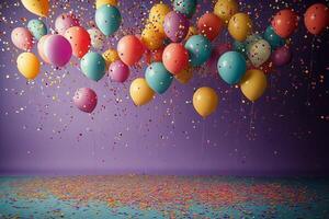 Colorful balloons and confetti create a festive atmosphere for a celebration or party event photo