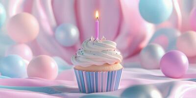 Colorful cupcake with candle surrounded by pastel decorations for a celebration photo