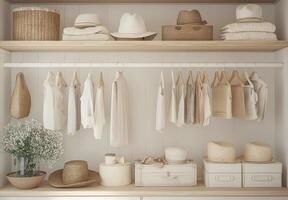 Neutral and cozy storage display with hats and clothes arranged in a stylish manner photo