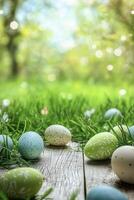 Colorful Easter eggs scattered across grass in a sunlit garden setting during springtime photo