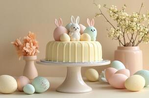 Colorful Easter cake with cute bunny decorations and pastel eggs on a light background photo