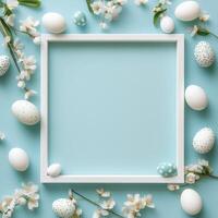 Decorative pastel eggs with blooming flowers in a spring layout on a light blue background photo