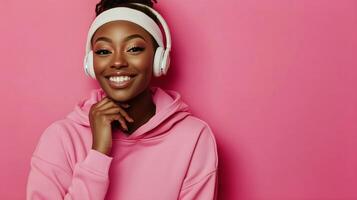 Smiling woman wearing headphones in a vibrant pink setting with a playful expression photo