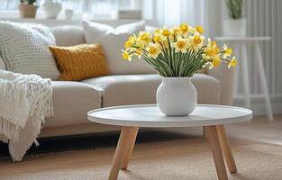 Bright daffodils in a cozy living room with soft furnishings and warm lighting photo