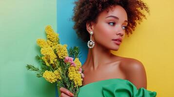 Model poses gracefully with vibrant flowers against colorful backdrop in a bright setting photo