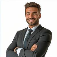 Confident man in a suit smiling with arms crossed in a bright setting photo