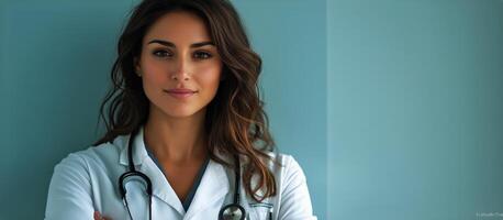 Confident female doctor stands with arms crossed in a clinical setting during daytime photo