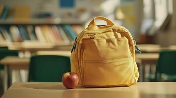 Bright yellow backpack sits beside a red apple on a desk in a classroom with shelves in the background photo