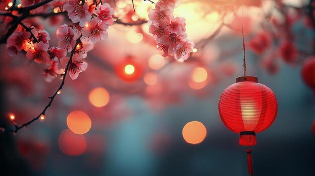 Vibrant cherry blossoms and red lanterns illuminate a serene garden during springtime festivities photo