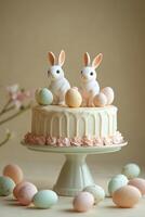 Easter cake decorated with bunnies and pastel eggs on a stand in a soft setting photo