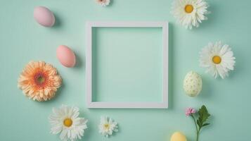 Creative spring display with colorful eggs and fresh flowers arranged around a picture frame photo