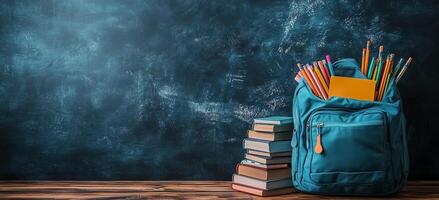 Backpack and books ready for school in a classroom environment with a chalkboard background photo