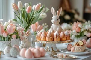 Festive spring dessert table with bunny centerpiece and pastel decorations for a joyful gathering photo