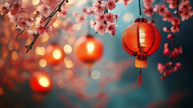 Cherry blossoms and lanterns illuminate a tranquil garden in springtime photo