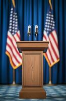 Preparation for a public address at a podium decorated with American flags photo