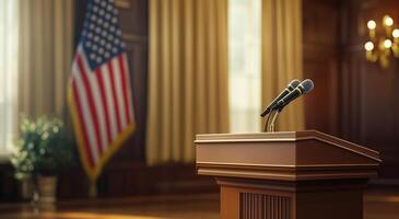 Podium with microphones ready for a press conference in a formal setting with American flag backdrop photo