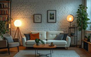 Modern living room design with cozy ambiance and stylish decor in a bright space photo