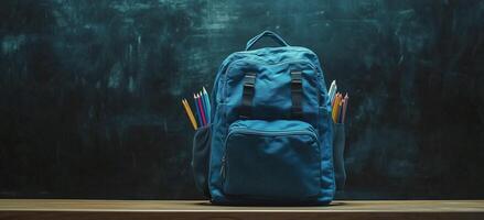 Blue backpack filled with colorful pencils on wooden table in front of dark background photo