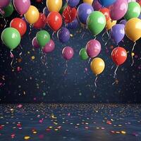 Colorful balloons floating above confetti on a festive background for celebration events photo